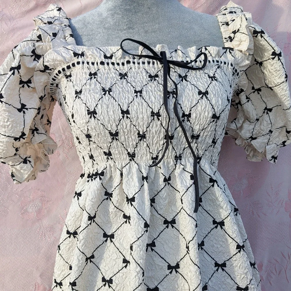 Bow Print Babydoll Mini Dress Small White Puff Sleeve Coquette Cottagecore - Picture 5 of 12